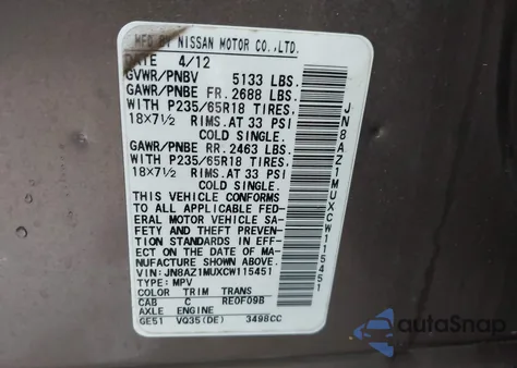 2012 Nissan Murano S z USA, uszkodzony, nr VIN JN8AZ1MUXCW115451